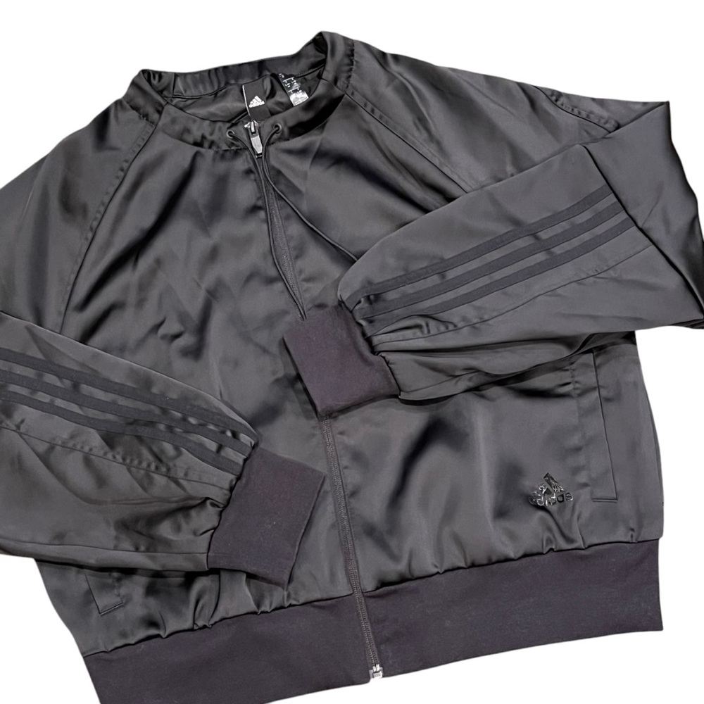 Adidas Black Bomber Jacket Satin Satiny Retro Full Zip Nylon Athletic Athleisure